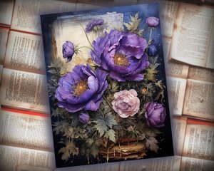 16 papers | Deep Dark Purple Floral Garden Scrapbooking Kit | Dreamy Cottage Cabin Design | Printable Pages | Shabby Chic Junk Journal Kit