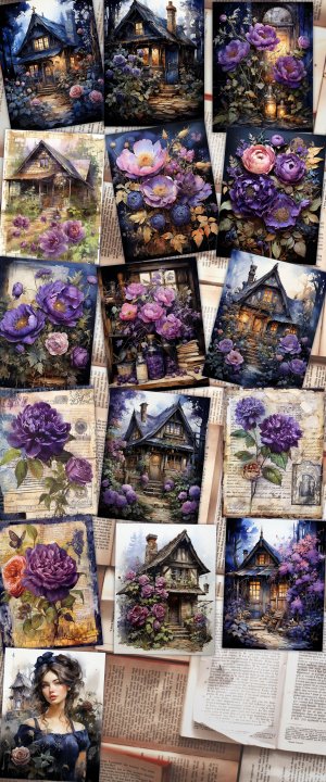 16 papers | Deep Dark Purple Floral Garden Scrapbooking Kit | Dreamy Cottage Cabin Design | Printable Pages | Shabby Chic Junk Journal Kit