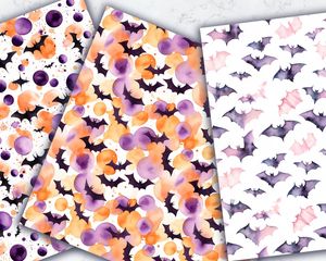 Dark Purple Foggy Night with Flying Bats | Watercolor Halloween Bats and Moons | Spooky Gothic Pattern | Pastel Goth Digital Paper