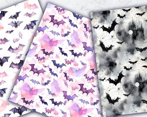 Dark Purple Foggy Night with Flying Bats | Watercolor Halloween Bats and Moons | Spooky Gothic Pattern | Pastel Goth Digital Paper