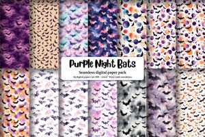 Dark Purple Foggy Night with Flying Bats | Watercolor Halloween Bats and Moons | Spooky Gothic Pattern | Pastel Goth Digital Paper