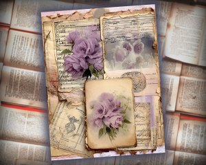 12 Papers | Shabby Chic Cottagecore Scrapbook Kit, Victorian Romantic Pale Purple Peonies & Vintage Cabin House, French Script Postal Stamps