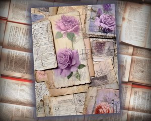 12 Papers | Shabby Chic Cottagecore Scrapbook Kit, Victorian Romantic Pale Purple Peonies & Vintage Cabin House, French Script Postal Stamps