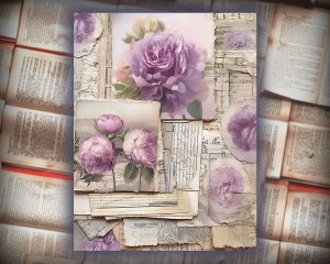 12 Papers | Shabby Chic Cottagecore Scrapbook Kit, Victorian Romantic Pale Purple Peonies & Vintage Cabin House, French Script Postal Stamps