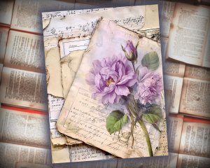 12 Papers | Shabby Chic Cottagecore Scrapbook Kit, Victorian Romantic Pale Purple Peonies & Vintage Cabin House, French Script Postal Stamps