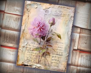 12 Papers | Shabby Chic Cottagecore Scrapbook Kit, Victorian Romantic Pale Purple Peonies & Vintage Cabin House, French Script Postal Stamps