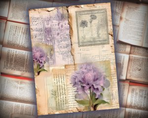 12 Papers | Shabby Chic Cottagecore Scrapbook Kit, Victorian Romantic Pale Purple Peonies & Vintage Cabin House, French Script Postal Stamps