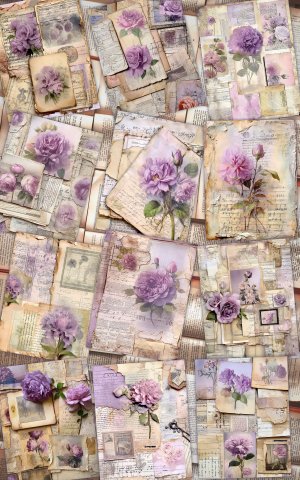 12 Papers | Shabby Chic Cottagecore Scrapbook Kit, Victorian Romantic Pale Purple Peonies & Vintage Cabin House, French Script Postal Stamps