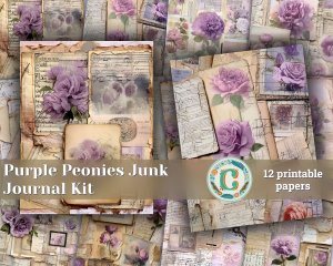 12 Papers | Shabby Chic Cottagecore Scrapbook Kit, Victorian Romantic Pale Purple Peonies & Vintage Cabin House, French Script Postal Stamps