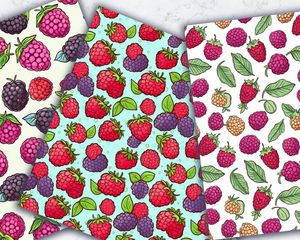 Cute Raspberry & Blackberry Clipart, Doodle Style Watercolor Illustration, Seamless Texture, Hand Drawn Vector, Vivid Colors, High Quality