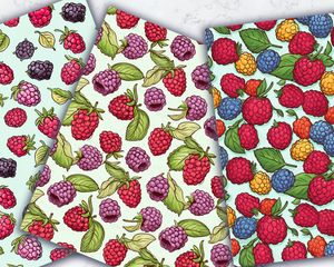 Cute Raspberry & Blackberry Clipart, Doodle Style Watercolor Illustration, Seamless Texture, Hand Drawn Vector, Vivid Colors, High Quality