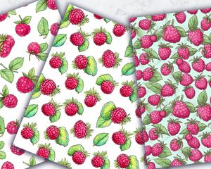 Watercolor Raspberry Clipart, Seamless Texture, Doodle Style, Cute Illustration, High Quality Digital Pattern Paper, Big Elements