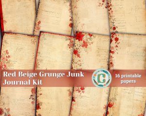 16 papers | Red and Beige Grunge Junk Journal Kit, Neutral Printable Paper, Shabby Chic Vintage Floral Background, Distressed Journaling Kit