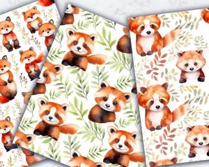 Watercolor Cartoon Cute Red Fox Panda Seamless Texture Digital Pattern Paper for Crafts, Scrapbooking, and DIY Projects. Instant Download!