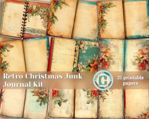 21 papers | Retro Christmas Border Printable Junk Journal Kit, Vibrant Colorful Shabby Chic Ephemera, Scrapbooking Paper Set, Journaling Kit