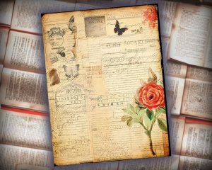 12 papers | Retro Ink Themed Scrapbooking Kit with Abundant Details, Vintage Cliparts, and Colorful Backgrounds | Junk Journal