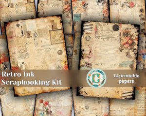 12 papers | Retro Ink Themed Scrapbooking Kit with Abundant Details, Vintage Cliparts, and Colorful Backgrounds | Junk Journal