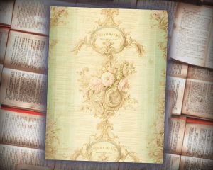 16 papers | Elegant Rococo & Baroque Scrapbooking Kit, Pastel Green and Soft Cream Printable Paper, Golden Flourish and Rose Detailing