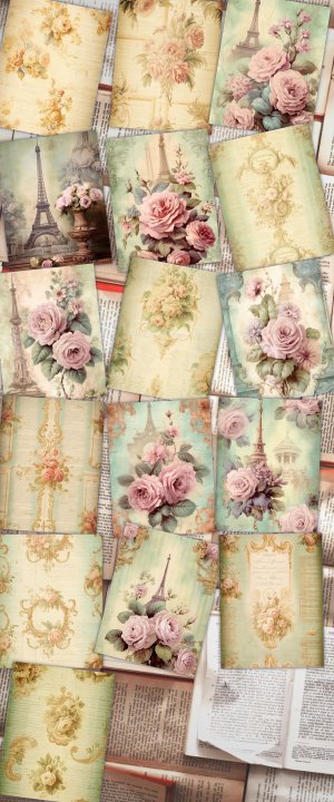 16 papers | Elegant Rococo & Baroque Scrapbooking Kit, Pastel Green and Soft Cream Printable Paper, Golden Flourish and Rose Detailing