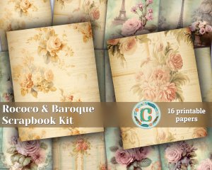 16 papers | Elegant Rococo & Baroque Scrapbooking Kit, Pastel Green and Soft Cream Printable Paper, Golden Flourish and Rose Detailing