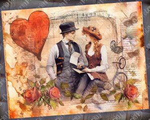 Romantic Junk Journal Page Watercolor Illustration, Lovers & Detailed Pages, Vivid Colors, Digital Ephemera, High Quality for Invitations