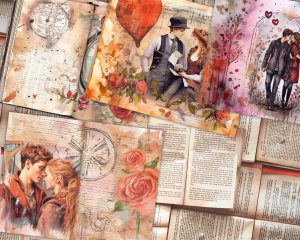 Romantic Junk Journal Page Watercolor Illustration, Lovers & Detailed Pages, Vivid Colors, Digital Ephemera, High Quality for Invitations