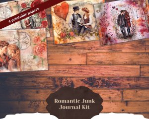 Romantic Junk Journal Page Watercolor Illustration, Lovers & Detailed Pages, Vivid Colors, Digital Ephemera, High Quality for Invitations