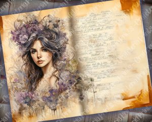 Romantic Junk Journal Page with Lovers, Detailed Pages, Vivid Colors | Digital Watercolor Illustration for Invitations, Planners