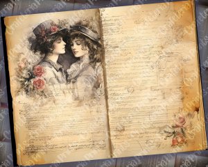 Romantic Junk Journal Page with Lovers, Detailed Pages, Vivid Colors | Digital Watercolor Illustration for Invitations, Planners