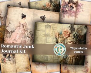 Romantic Junk Journal Page with Lovers, Detailed Pages, Vivid Colors | Digital Watercolor Illustration for Invitations, Planners