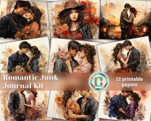 Romantic Junk Journal Page with Lovers, Detailed Pages, Vivid Colors, Watercolor Illustration, Shabby Chic Ephemera, High Quality