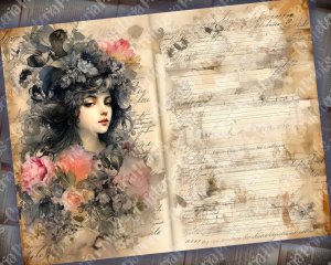 Romantic Junk Journal Page with Lovers, Detailed Pages, Vivid Colors | Digital Watercolor Illustration for Invitations, Journaling