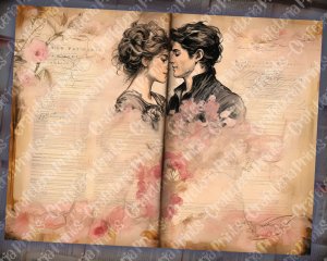 Romantic Junk Journal Page with Lovers, Detailed Pages, Vivid Colors | Digital Watercolor Illustration for Invitations, Journaling