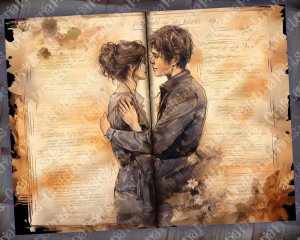 Romantic Junk Journal Page with Lovers, Detailed Pages, Vivid Colors | Digital Watercolor Illustration for Invitations, Journaling