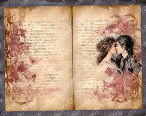 Romantic Junk Journal Page with Lovers, Detailed Pages, Vivid Colors | Digital Watercolor Illustration for Invitations, Journaling