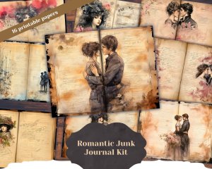 Romantic Junk Journal Page with Lovers, Detailed Pages, Vivid Colors | Digital Watercolor Illustration for Invitations, Journaling