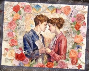 Romantic Junk Journal Page - Watercolor Illustration with Lovers, Vivid Colors, Detailed & High Quality - Perfect for Invitations