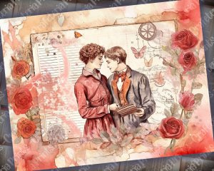 Romantic Junk Journal Page - Watercolor Illustration with Lovers, Vivid Colors, Detailed & High Quality - Perfect for Invitations