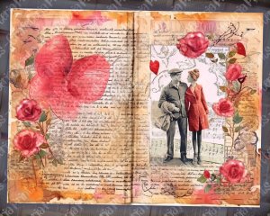 Romantic Junk Journal Page - Watercolor Illustration with Lovers, Vivid Colors, Detailed & High Quality - Perfect for Invitations