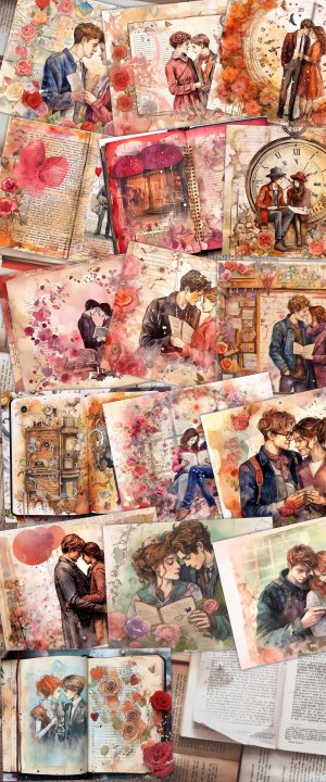 Romantic Junk Journal Page - Watercolor Illustration with Lovers, Vivid Colors, Detailed & High Quality - Perfect for Invitations