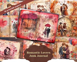 Romantic Junk Journal Page - Watercolor Illustration with Lovers, Vivid Colors, Detailed & High Quality - Perfect for Invitations