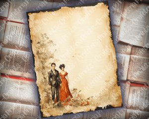 Romantic Junk Journal Page featuring Lovers | Detailed Pages with Vivid Colors | Digital Watercolor Illustration for Invitations, Planners