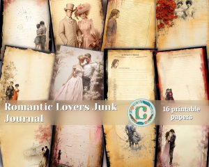 Romantic Junk Journal Page featuring Lovers | Detailed Pages with Vivid Colors | Digital Watercolor Illustration for Invitations, Planners