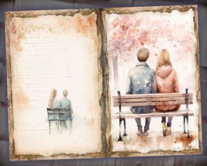 28 papers | Romantic Park Scene Watercolor Scrapbooking Kit by Hannah Dale, Soft Pastel Tones, Shabby Chic Ephemera for Junk Journal