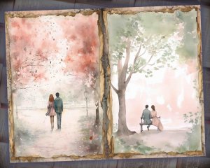 28 papers | Romantic Park Scene Watercolor Scrapbooking Kit by Hannah Dale, Soft Pastel Tones, Shabby Chic Ephemera for Junk Journal