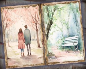 28 papers | Romantic Park Scene Watercolor Scrapbooking Kit by Hannah Dale, Soft Pastel Tones, Shabby Chic Ephemera for Junk Journal