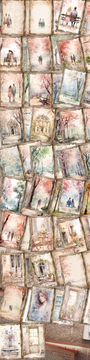 28 papers | Romantic Park Scene Watercolor Scrapbooking Kit by Hannah Dale, Soft Pastel Tones, Shabby Chic Ephemera for Junk Journal