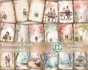 28 papers | Romantic Park Scene Watercolor Scrapbooking Kit by Hannah Dale, Soft Pastel Tones, Shabby Chic Ephemera for Junk Journal