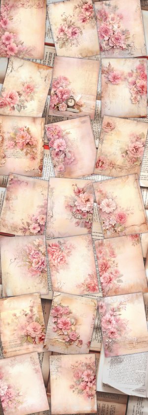 20 pages of Romance Vintage background shabby chic ephemera scrapbooking, light pink and pastel colors, perfect for invitations