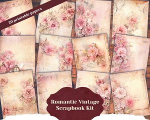 20 pages of Romance Vintage background shabby chic ephemera scrapbooking, light pink and pastel colors, perfect for invitations